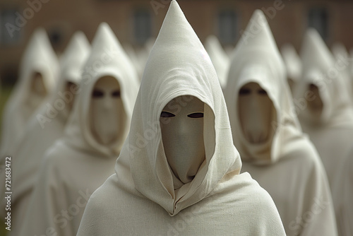 Nazarenes and Penitents in white, Holy Week procession for Christian Easter, group of hooded sectarians in religious festivity photo