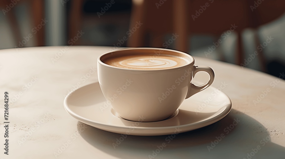 cup of aromatic coffee placed on wooden table on white plate with dessert spoon