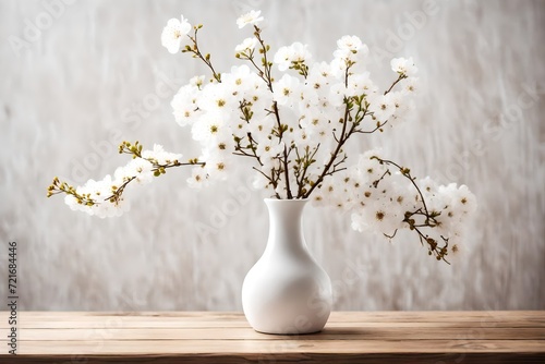 white ceramic Vase with beautiful blossoming branches on wooden table