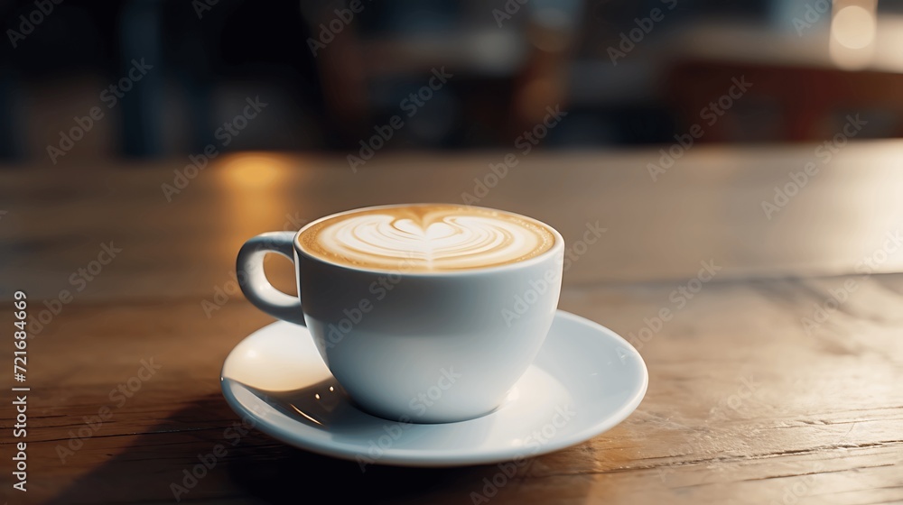 cup of aromatic coffee placed on wooden table on white plate with dessert spoon