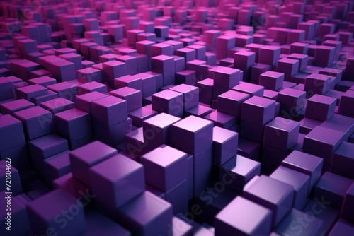 Perfectly arranged, purple and pink, multisized cubes form a modern, 3D rendered tech background. Generative AI