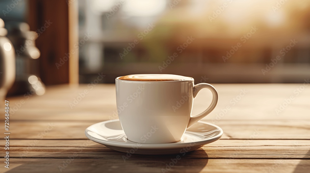 Coffee cup on wooden table with bokeh background. generative ai