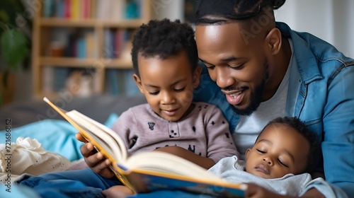 Dad reading book to kids, 