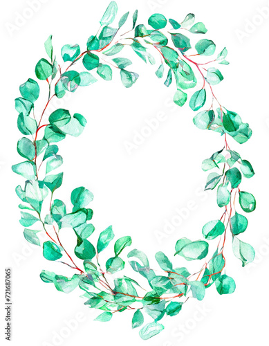 Watercolor floral frame with eucalyptus green leaves and branch isolated on white background. Hand painted wreath flowers for wedding invitation, save the date or greeting design