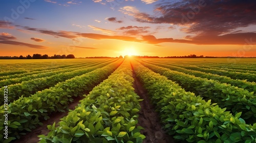 A beautiful green soybean field at sunset representing eco-friendly farming practices. Outdoor nature plant vegetable organic eco product.