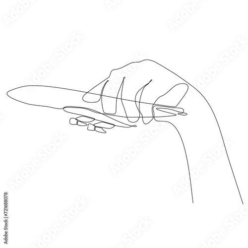 Human hand holding airplane continuous line art illustration. One line travel concept. Vector isolated on white