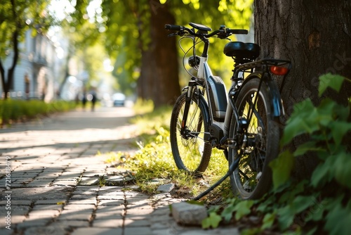 Parked e-bike on a quiet tree-lined path in soft daylight. © Margo_Alexa