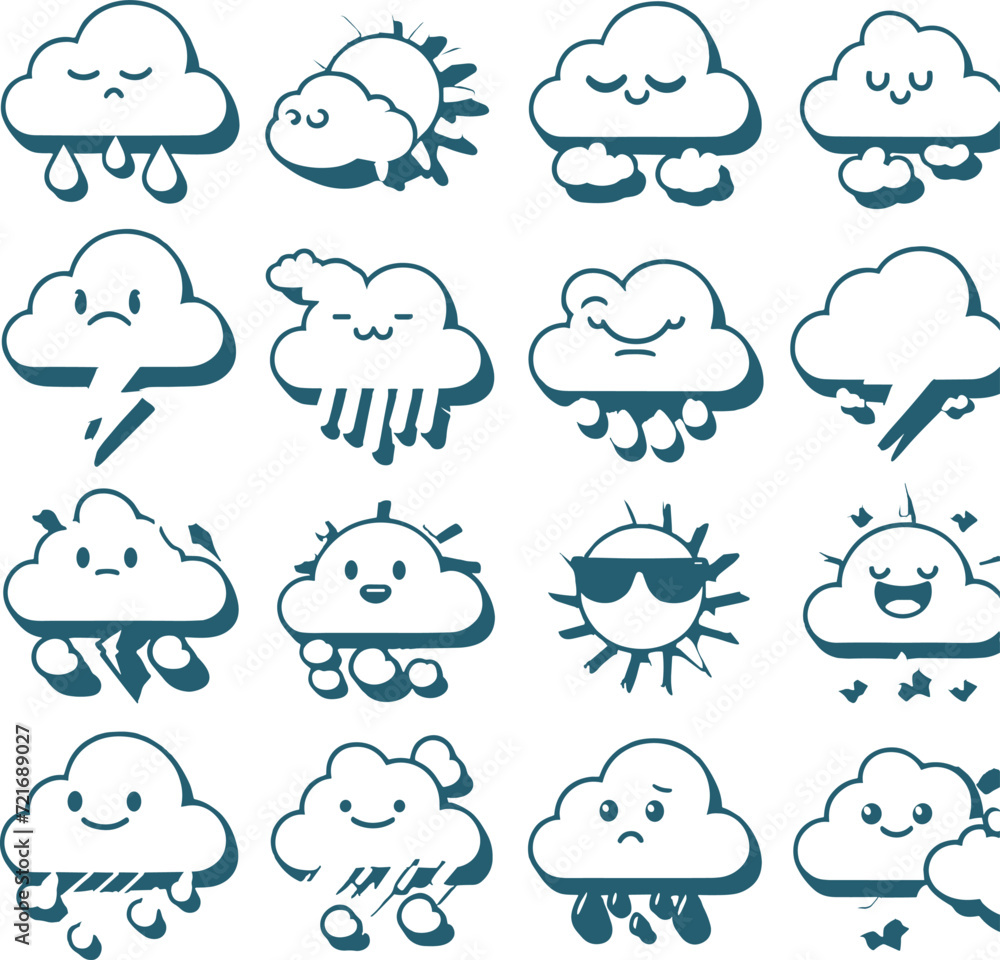 Set cartoon style outline clouds with eyes vector Generated by Ai Set cartoon style outline clouds with eyes vector Generated by Ai