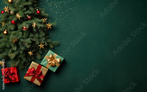 Festive Christmas Greeting Card: Red Present Box on Green Fir Tree with Vintage Gold Ornament, Merry Holiday Celebration Concept