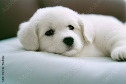 white, puppy in bed
Puppy sleeping under a blanket
Generative AI
