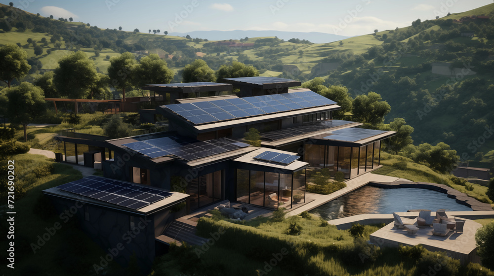 a private house situated in a valley with solar panels on the roof