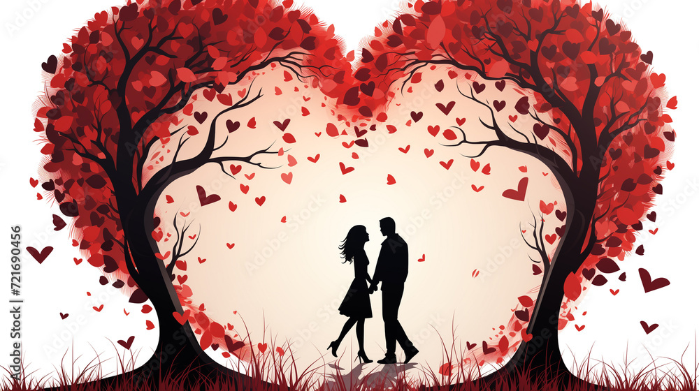 Couple shadow standing, hold hands, kisses, under love tree. Generative ai. Couple shadow standing, hold hands, kisses, under love tree. Generative ai.