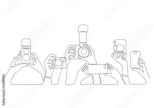 One continuous line drawing of hand with microphone. Journalism concept. Set of hands holding a microphone. Hand press with flat hands. Microphone. Reporter. Single line draw design