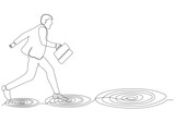 One line drawing of businessman jumping on bigger target, succeeding. Progress in career or business growth concept. Aspirations and motivations. Vector graphic of continuous line drawing design