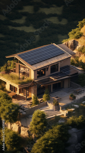 a private house situated in a valley with solar panels on the roof