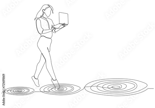 One line drawing of businessman jumping on bigger target, succeeding. Progress in career or business growth concept. Aspirations and motivations. Vector graphic of continuous line drawing design