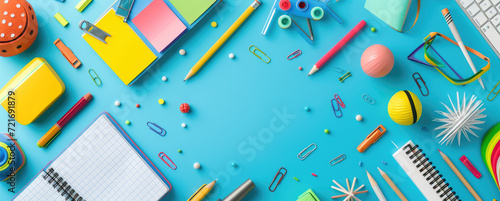 school books, pencils, markers and other accessories on blue background photo