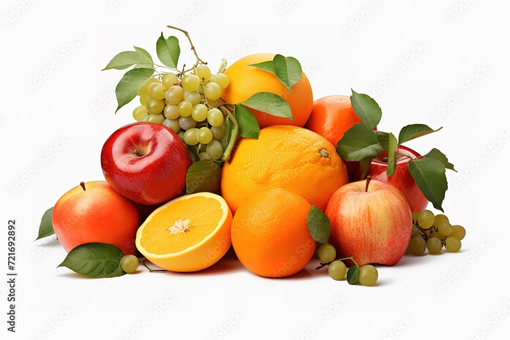 grapes, oranges, apples, on a white background grapes, oranges, apples, on a white background