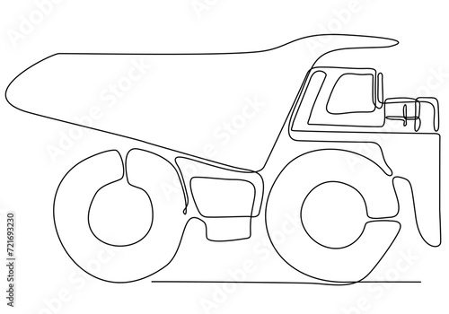 One continuous line drawing of heavy equipment for building construction, business commercial vehicle. Heavy construction truck equipment concept. Dynamic single line draw design vector illustration
