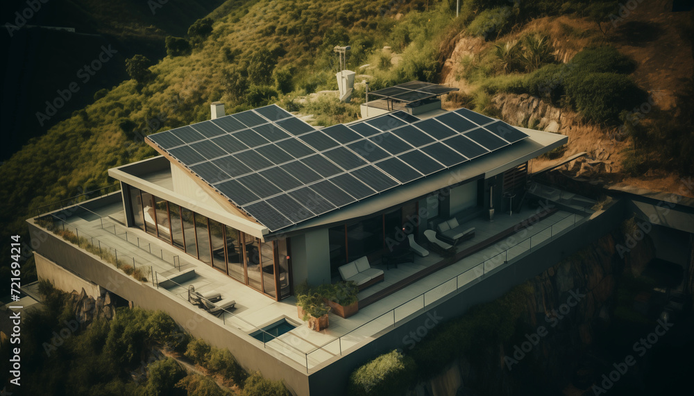 a private house situated in a valley with solar panels on the roof