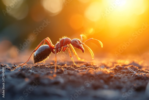 close up ant on the ground, sunlight, natural light. Generated AI photo