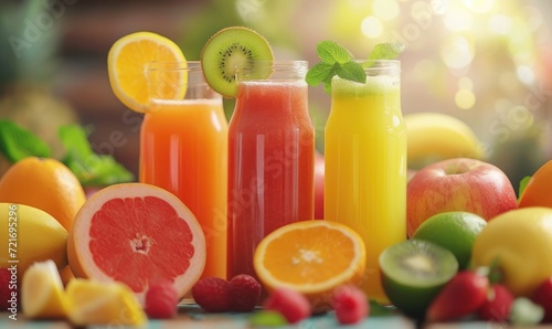 various fruit juices. healthy drink. selective focus