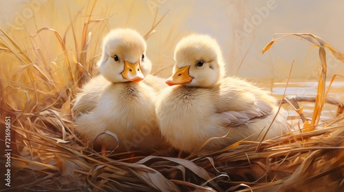 fluffy ducklings nestled in sunlit golden straw, with a soft-focus background