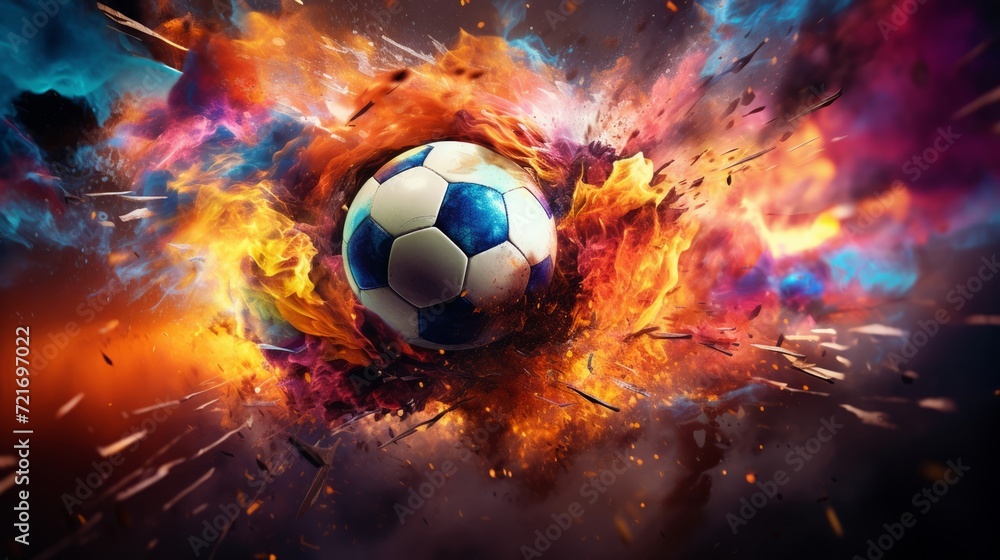 Fototapeta premium An action-packed scene of a soccer ball hitting the net with dynamic motion blur and cheering crowd in the background