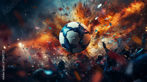 An action-packed scene of a soccer ball hitting the net with dynamic motion blur and cheering crowd in the background © PRI