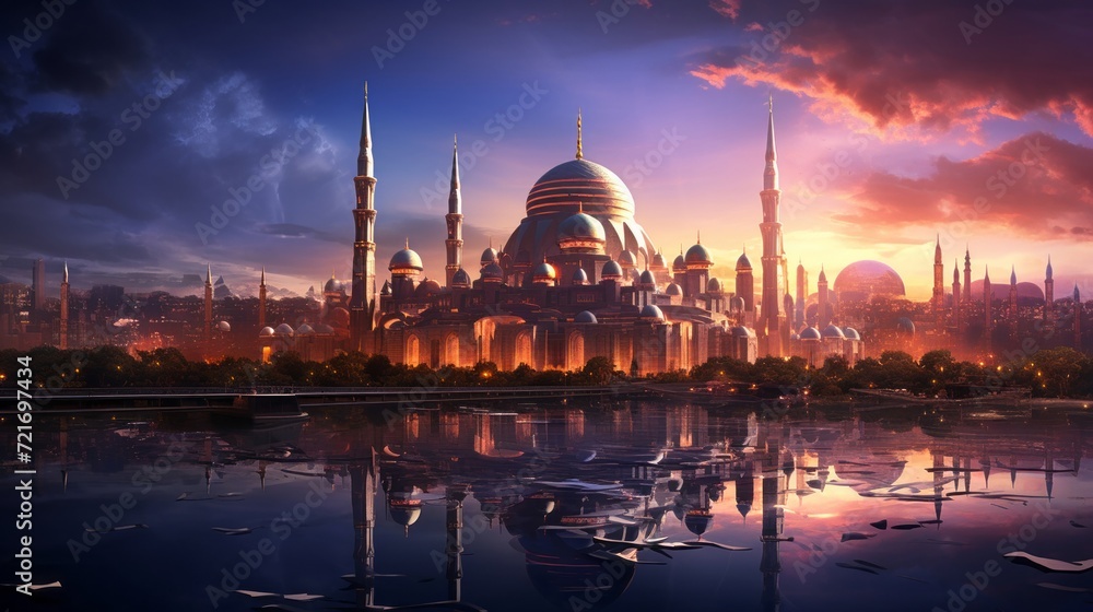 Majestic mosque with towering spires and reflective surfaces amidst a futuristic cityscape