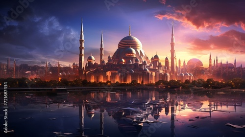 Majestic mosque with towering spires and reflective surfaces amidst a futuristic cityscape photo