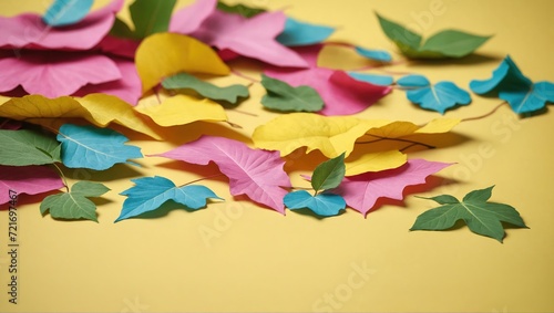 Various leaves in different hues, featuring a pink and green one, arranged on a table with a yellow background
