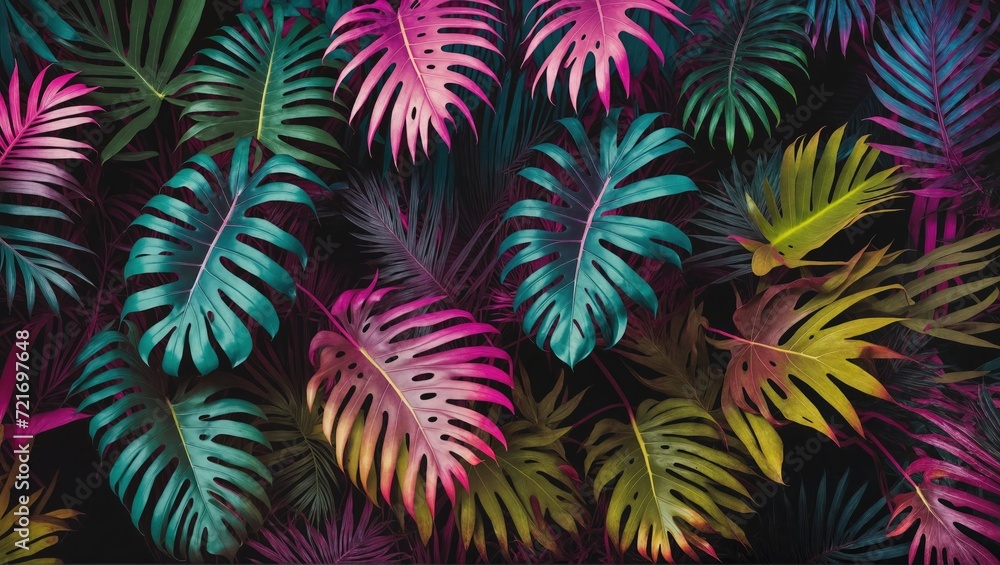Tropical leaves captured in a neon glow on a dark background, with hues of pink, blue, yellow, green, in a 3D rendering focused on aesthetics
