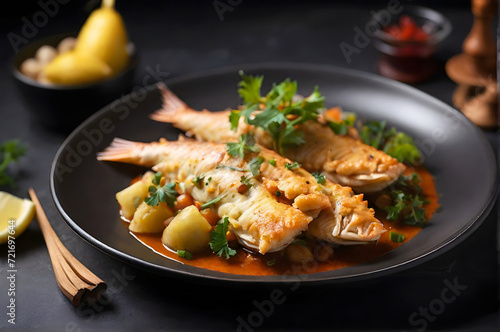 A plate of tasty catfish recipe, isolated on dark background