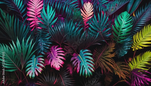 Glossy and vibrant tropical leaves under bright neon lights  shades of pink  blue  yellow  green  set against a dark background  artistically rendered in 3D