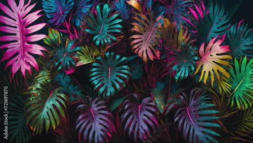 Tropical leaves captured in a neon glow on a dark background  with hues of pink  blue  yellow  green  in a 3D rendering focused on aesthetics