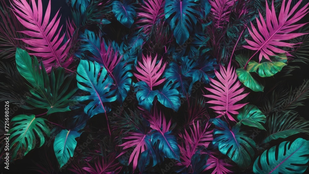 Glossy and vibrant tropical leaves under bright neon lights, shades of pink, blue, yellow, green, set against a dark background, artistically rendered in 3D Glossy and vibrant tropical leaves under bright neon lights, shades of pink, blue, yellow, green, set against a dark background, artistically rendered in 3D