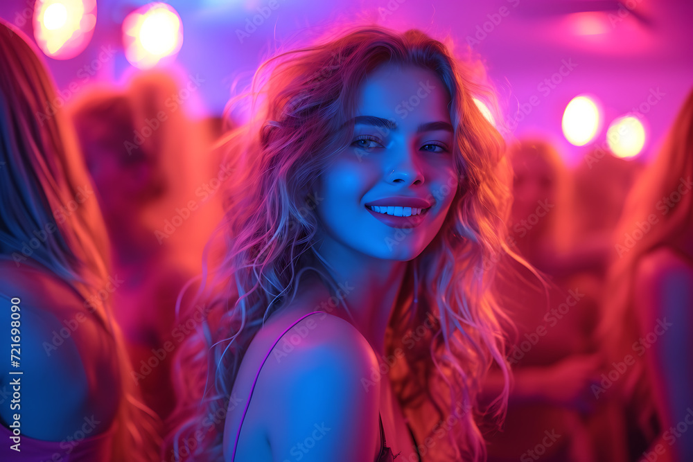 At the College House Party: Group of Friends Have Fun, Dancing and Socializing. Neon Lights Illuminating Room At the College House Party: Group of Friends Have Fun, Dancing and Socializing. Neon Lights Illuminating Room