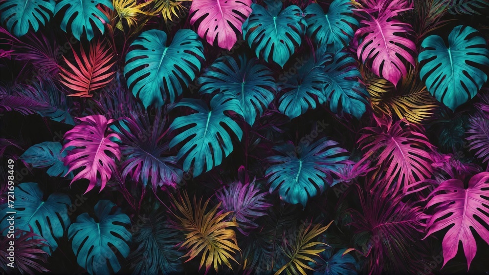 Tropical leaves in a neon glow of pink, blue, yellow, green, lying on a dark surface, 3D rendered to highlight aesthetic beauty Tropical leaves in a neon glow of pink, blue, yellow, green, lying on a dark surface, 3D rendered to highlight aesthetic beauty