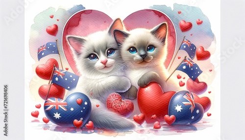 A delightful watercolor concept illustration for Valentine's Day, showcasing a cute couple of kittens with an Australian theme 02 photo
