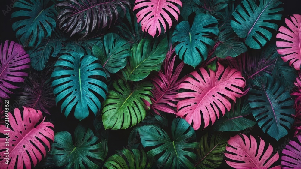 Tropical leaves in a neon glow of pink, blue, yellow, green, lying on a dark surface, 3D rendered to highlight aesthetic beauty Tropical leaves in a neon glow of pink, blue, yellow, green, lying on a dark surface, 3D rendered to highlight aesthetic beauty