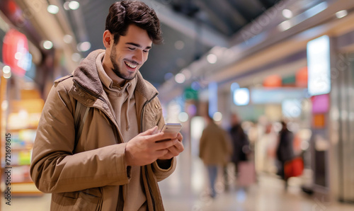 Young happy man using app on smart phone while shopping at mall