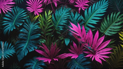 Tropical leaves in a neon glow of pink  blue  yellow  green  lying on a dark surface  3D rendered to highlight aesthetic beauty