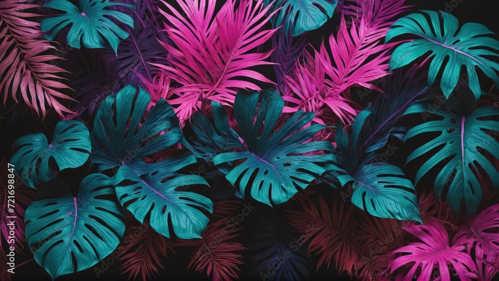 Tropical leaves in a neon glow of pink, blue, yellow, green, lying on a dark surface, 3D rendered to highlight aesthetic beauty Tropical leaves in a neon glow of pink, blue, yellow, green, lying on a dark surface, 3D rendered to highlight aesthetic beauty