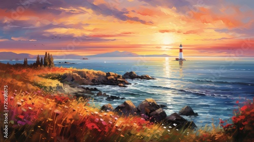 An impressionist painting of a vibrant sunset at a coastal lighthouse with wildflowers in the foreground photo