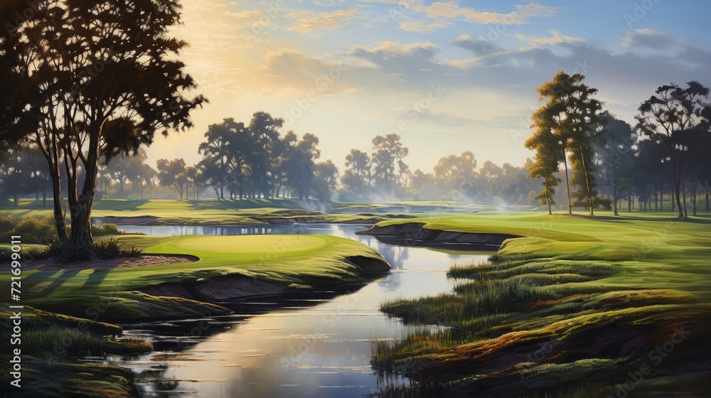 An oil painting of an early morning golf scene with a dew-covered course and a soft, misty background