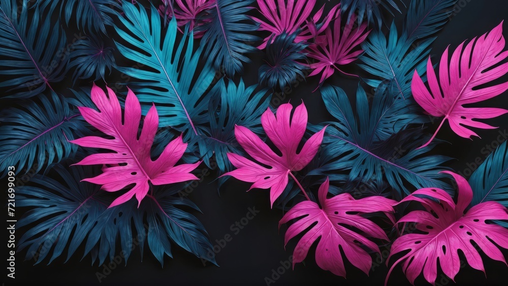 Fluorescent neon lighting brings to life tropical leaves in shades of cyan and pink on a dark background, 3D rendered for a dynamic aesthetic Fluorescent neon lighting brings to life tropical leaves in shades of cyan and pink on a dark background, 3D rendered for a dynamic aesthetic
