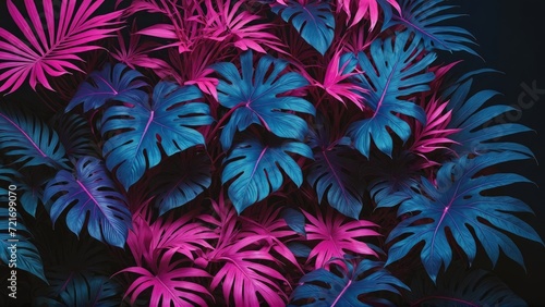 Fluorescent neon lighting brings to life tropical leaves in shades of cyan and pink on a dark background, 3D rendered for a dynamic aesthetic
