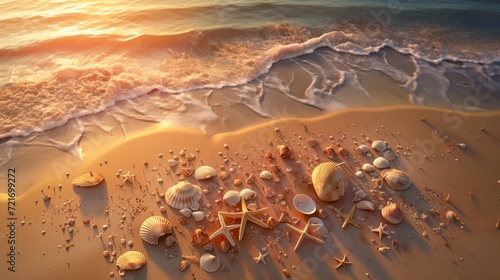 Top-down, photorealistic rendering of seashells arranged as a treasure map on a sandy beach at sunset