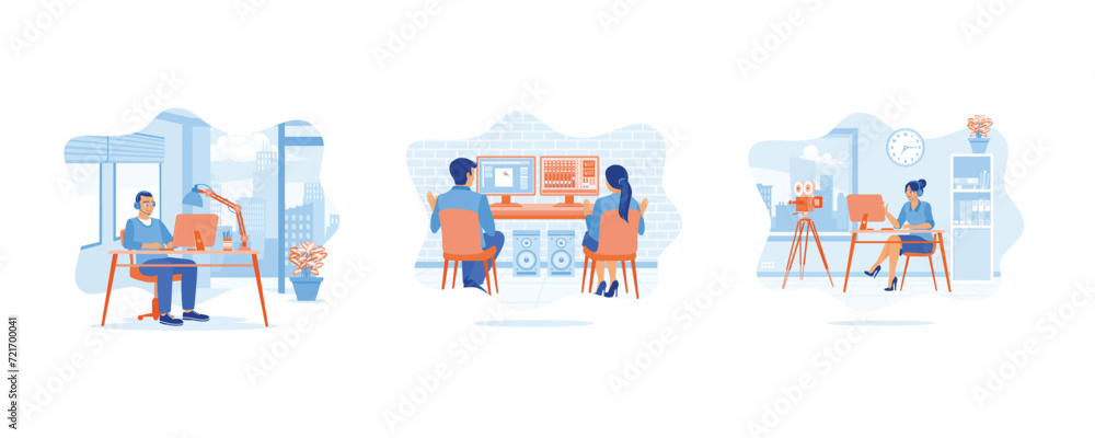 Video Editor concept. Working on post production in the creative loft office. Female video editor wearing headphones and a microphone. set flat vector modern illustration